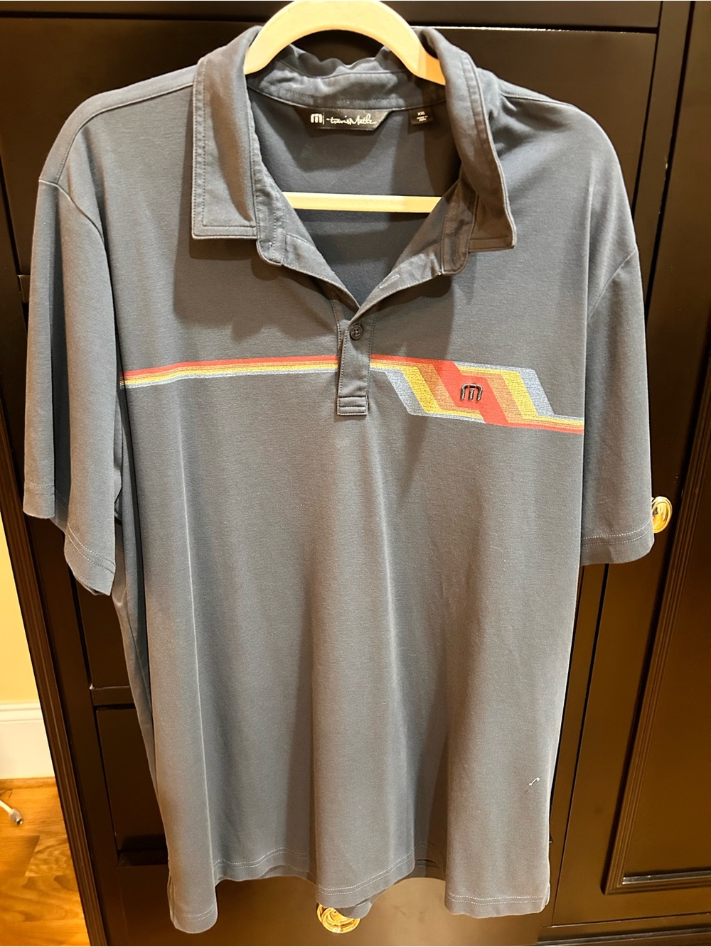 Travis Mathew Gray Polo with Red and Yellow Retro Stripe